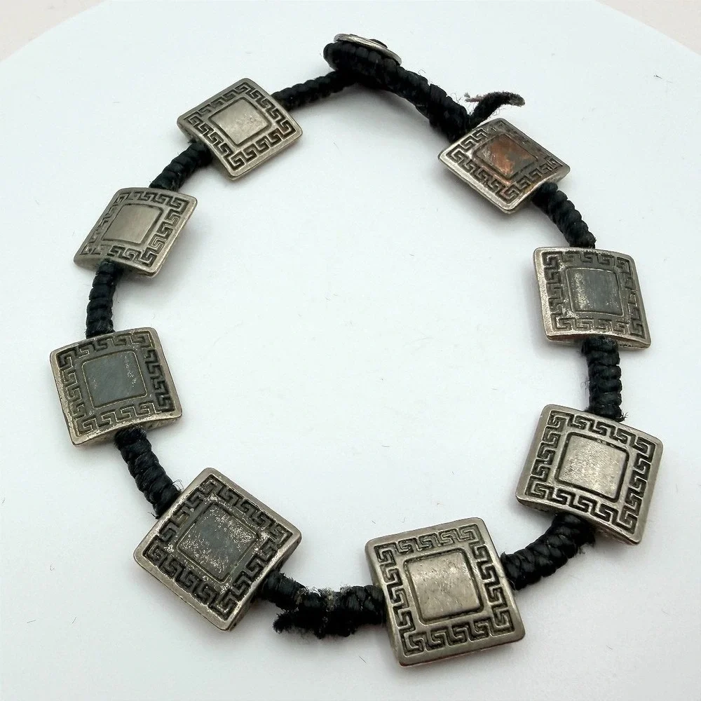 VTG Y2K Silver Tone Square Greek Key‎ Panel Bracelet Black Cord Women's Jewelry